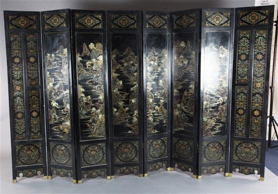A good Chinese jade, hardstone and rosewood mounted eight fold Coromandel lacquer screen, 19th/20th century, Each panel W.1ft 2in. H.6f